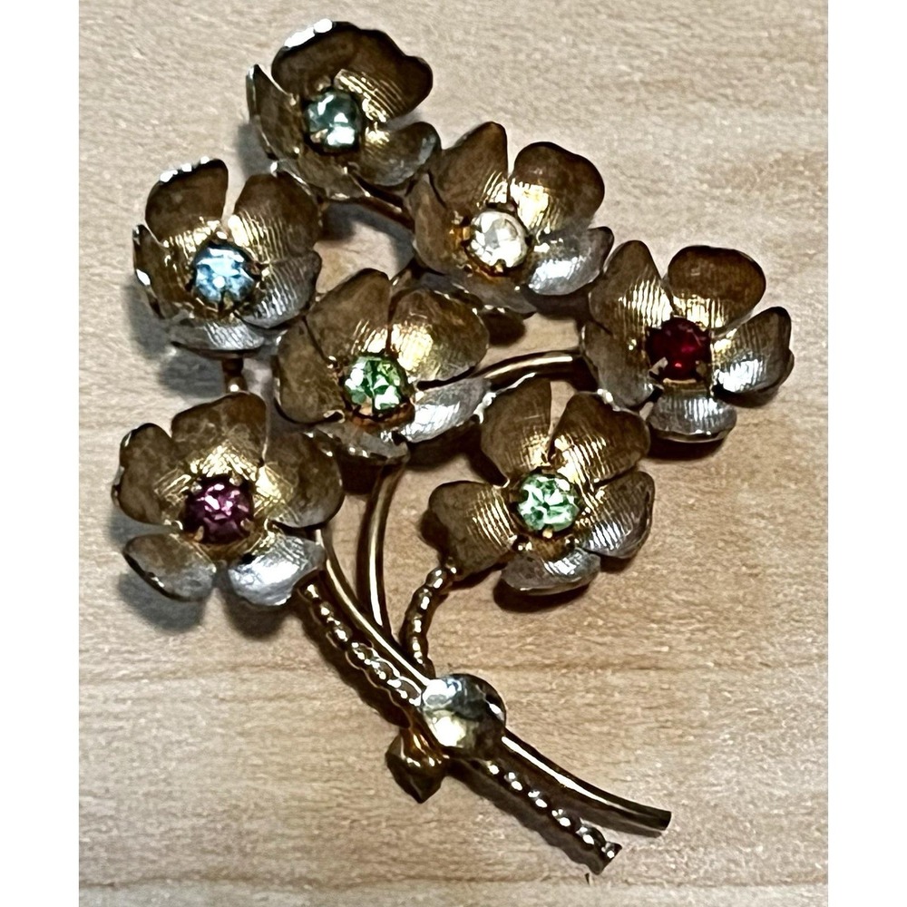 Vtg Catamore Floral Bouquet Brooch Textured Petals Multi Color Stones Center SEE